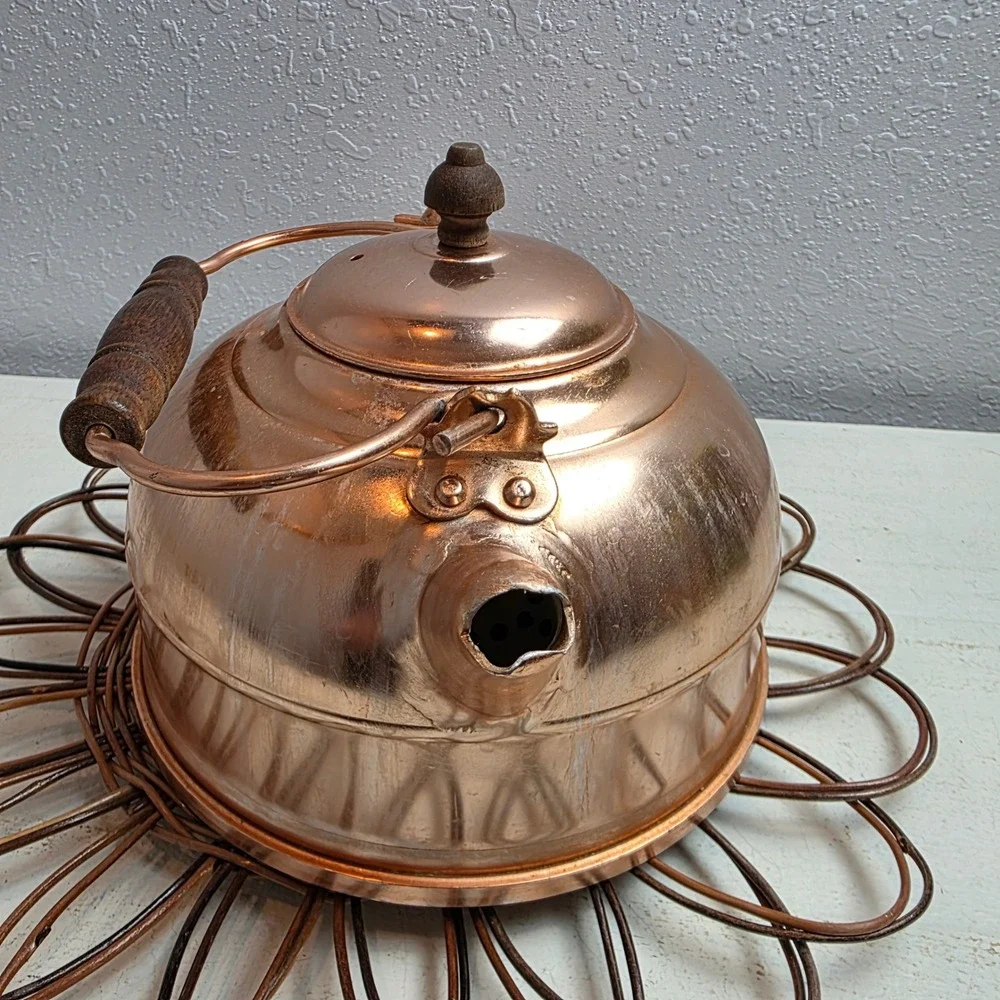 Vintage 1970's Coppertone Aluminum Colonial America Style Tea Kettle Wood Handle